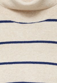 Pull à col roulé beige en maille avec des rayures horizontales bleu marine espacées uniformément sur le tissu.