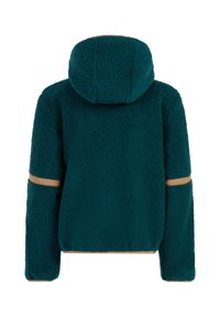 Petrolejová fleecová bunda s kapucňou, s textúrovaným povrchom. Hnedé akcenty na rukávoch, zdôrazňujúce uvoľnený strih a jednoduchý dizajn.