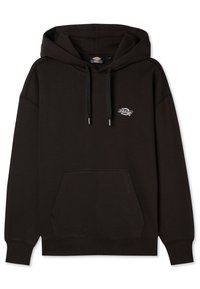 Black hooded sweatshirt featuring a front pouch pocket, ribbed cuffs, and a small logo on the chest. Made of soft material with a relaxed fit.