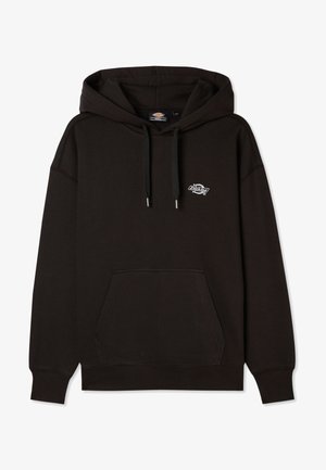 Sweatshirt preto com capuz, apresentando um bolso frontal, punhos canelados e um pequeno logótipo no peito. Feito de material suave com um ajuste descontraído.