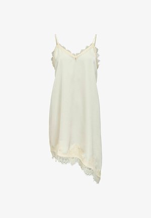 Kremas satino suknelė su nėrinių apdaila palei V formos iškirptę, šonus ir asimetrišką apačią, su plonomis reguliuojamomis petnešėlėmis.