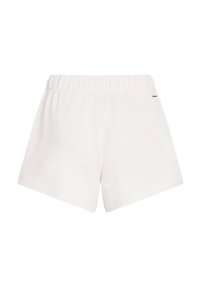 White cotton shorts with an elastic waistband, featuring a smooth texture and a simple design. No visible patterns or accents.