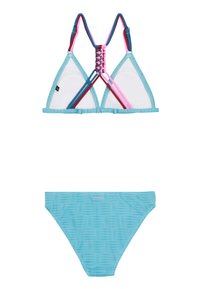 Svetle modrý bikini set s trojúhelníkovým vrškem a vícebarevnými popruhy a texturovanými spodními díly s jemným vzorem.