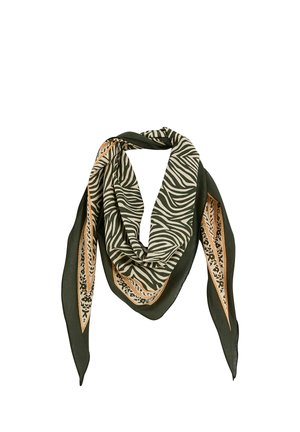 Écharpe imprimé zèbre verte et beige avec bordure florale décorative orange et noire, pliée en forme de triangle souple.