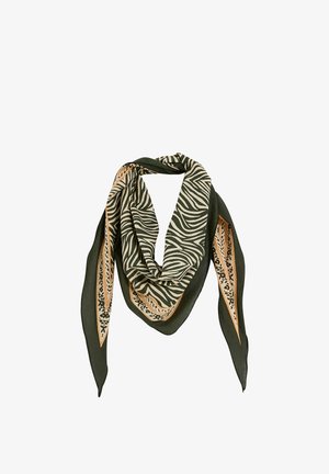 Écharpe imprimé zèbre verte et beige avec bordure florale décorative orange et noire, pliée en forme de triangle souple.