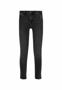 Jean slim noir en denim avec fermeture par boutons et poches avant, présenté à plat sur fond blanc.