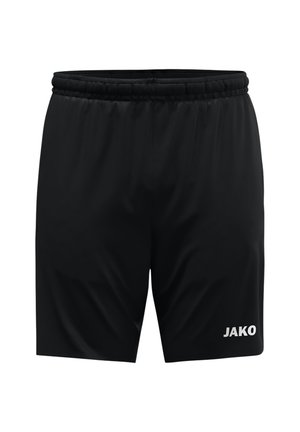 Shorts de sport noirs en tissu léger, dotés d'une taille élastique et du logo "JAKO" imprimé en blanc en bas à droite.