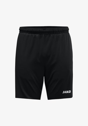 Pantaloni corti sportivi neri realizzati in tessuto leggero, con vita elastica e il logo "JAKO" stampato in bianco sul lato inferiore destro.