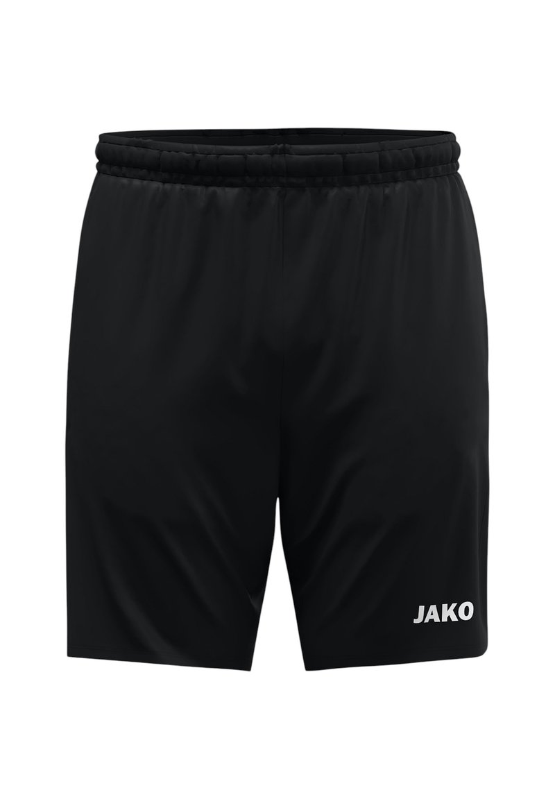 Zwarte sportshorts van lichtgewicht stof, met een elastische tailleband en het "JAKO"-logo in het wit gedrukt op de rechteronderzijde.