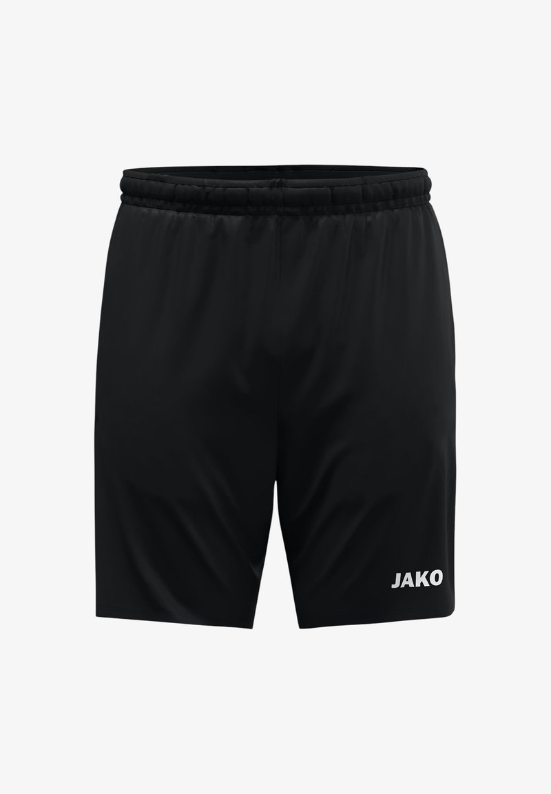 Shorts de sport noirs en tissu léger, dotés d'une taille élastique et du logo "JAKO" imprimé en blanc en bas à droite.