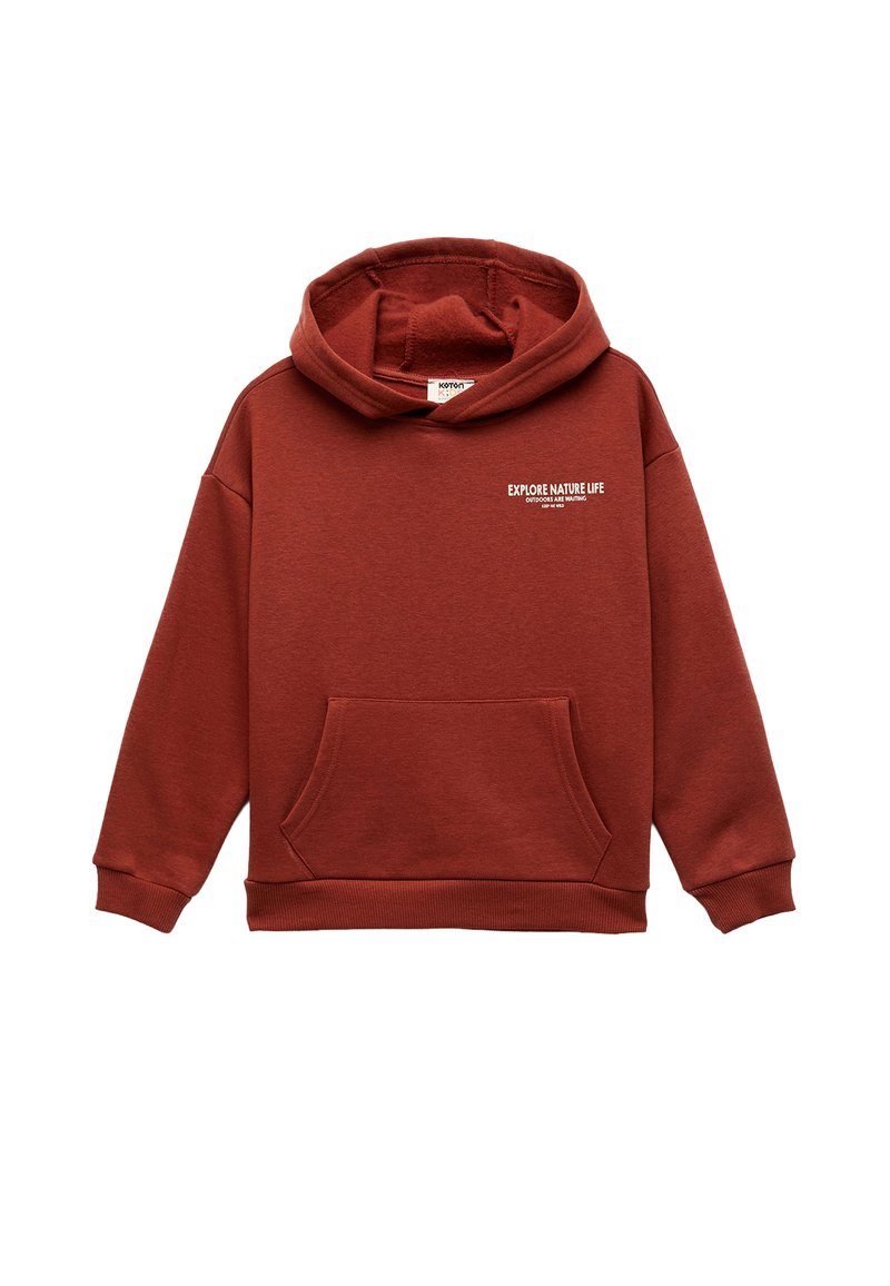 Rode hoodie gemaakt van zachte stof, met een kangoeroezak, ribgebreide manchetten en een capuchon met trekkoord. Tekstafbeelding op de borst.