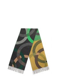 Bufanda de lana con patrones circulares entrelazados en tonos gris, verde, marrón y amarillo, con flecos en los extremos.