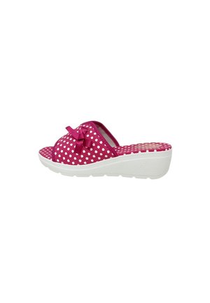 Sandalo con zeppa rosa con pois bianchi, punta aperta e fiocco decorativo sulla suola bianca testurizzata.