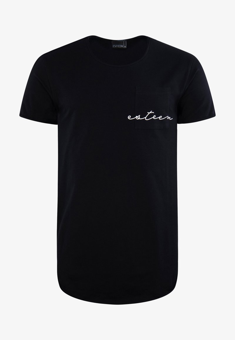 T-shirt en coton noir avec un col rond, des manches courtes, une poche poitrine et un logo en écriture cursive blanche sur la poche.