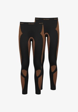 Black leggings featuring orange mesh panel accents and textured detailing along the sides, designed for comfort and breathability.