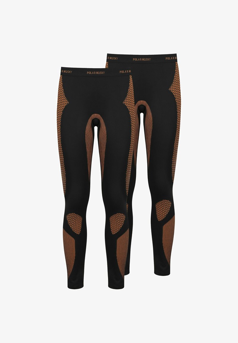 Schwarze Leggings mit orangefarbenen Netz-Einsätzen und strukturierten Details entlang der Seiten, entworfen für Komfort und Atmungsaktivität.