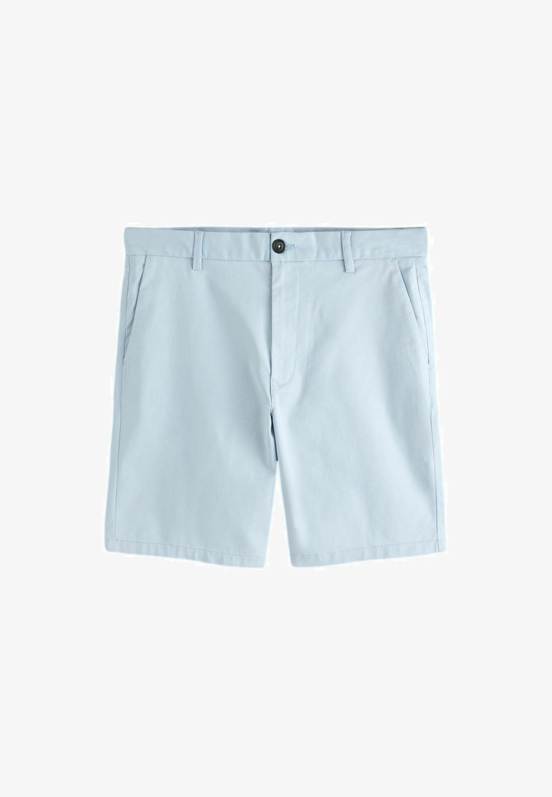 Shorts pour hommes bleu clair avec passants de ceinture, bouton devant, braguette éclair et poches latérales sur fond blanc.