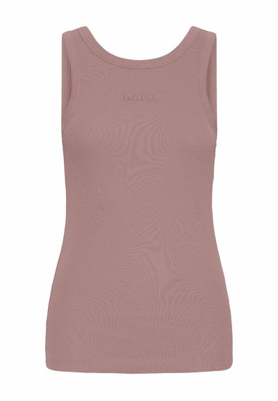 Pale pink, sleeveless tank top made from ribbed fabric with a round neckline and embossed logo at the chest.