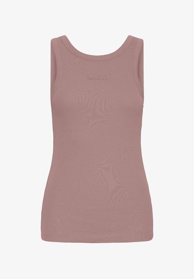 Pale pink, sleeveless tank top made from ribbed fabric with a round neckline and embossed logo at the chest.