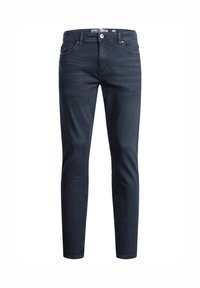 Ciemnoniebieskie jeansy slim fit wykonane z denimu o lekko przetartej teksturze. Posiadają kieszenie z przodu, zapięcie na guzik oraz szlufki na pasek.