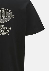 Black cotton t-shirt with short sleeves, featuring a printed graphic in cream text, including coordinates and the word "DEPT." in a bold font.