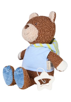 Brown teddy bear with curly texture, wearing a blue shirt and striped hood, holding a white star-shaped teether.
