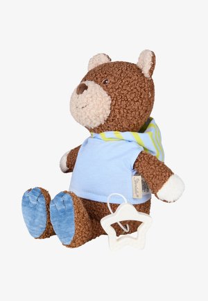 Orso di peluche marrone con texture riccia, indossa una maglietta blu e un cappuccio a righe, tiene in mano un dentaruolo bianco a forma di stella.