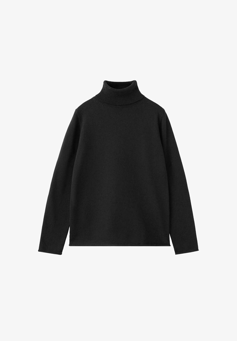 Pull noir à manches longues avec col roulé côtelé et design simple et épuré.