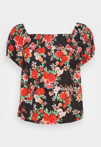 Blouse noire à manches courtes avec un imprimé floral rouge, orange et blanc et décolleté carré avec des détails élastiques froncés.