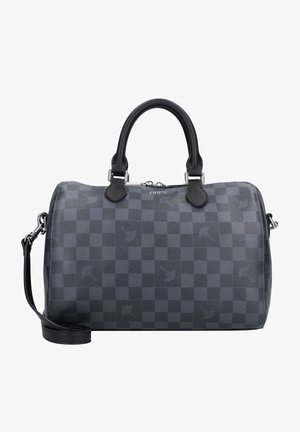 Sac de voyage en cuir à carreaux gris foncé avec poignées noires, bandoulière détachable, ferrures argentées et fermeture éclair.