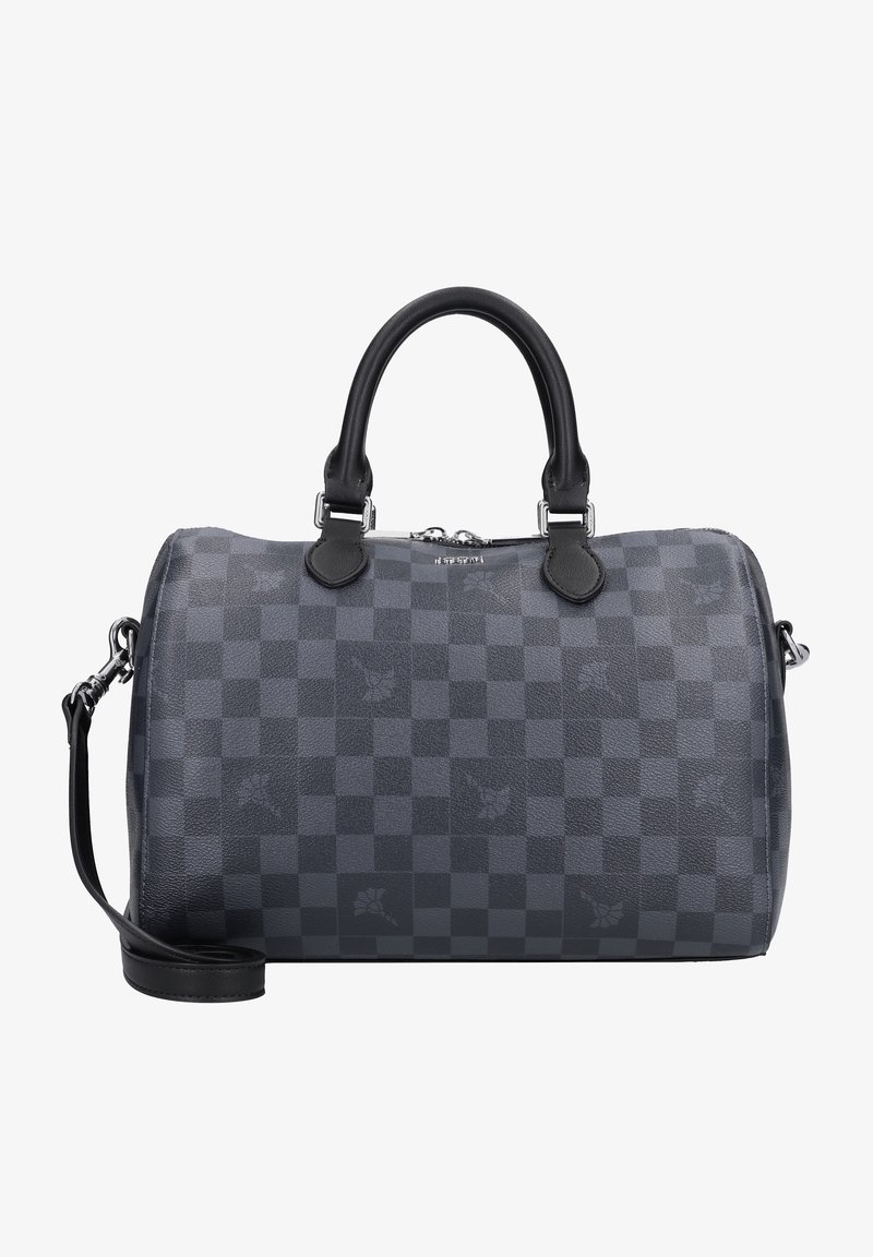 Sac de voyage en cuir à carreaux gris foncé avec poignées noires, bandoulière détachable, ferrures argentées et fermeture éclair.