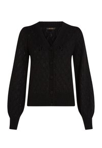Cardigan negro con escote en V, patrón de punto texturizado y dobladillo acanalado. Cuenta con seis botones frontales y mangas largas tipo globo.