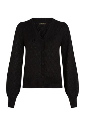 Black cardigan with a V-neck, textured knit pattern, and ribbed hem. Features six front buttons and long balloon sleeves.