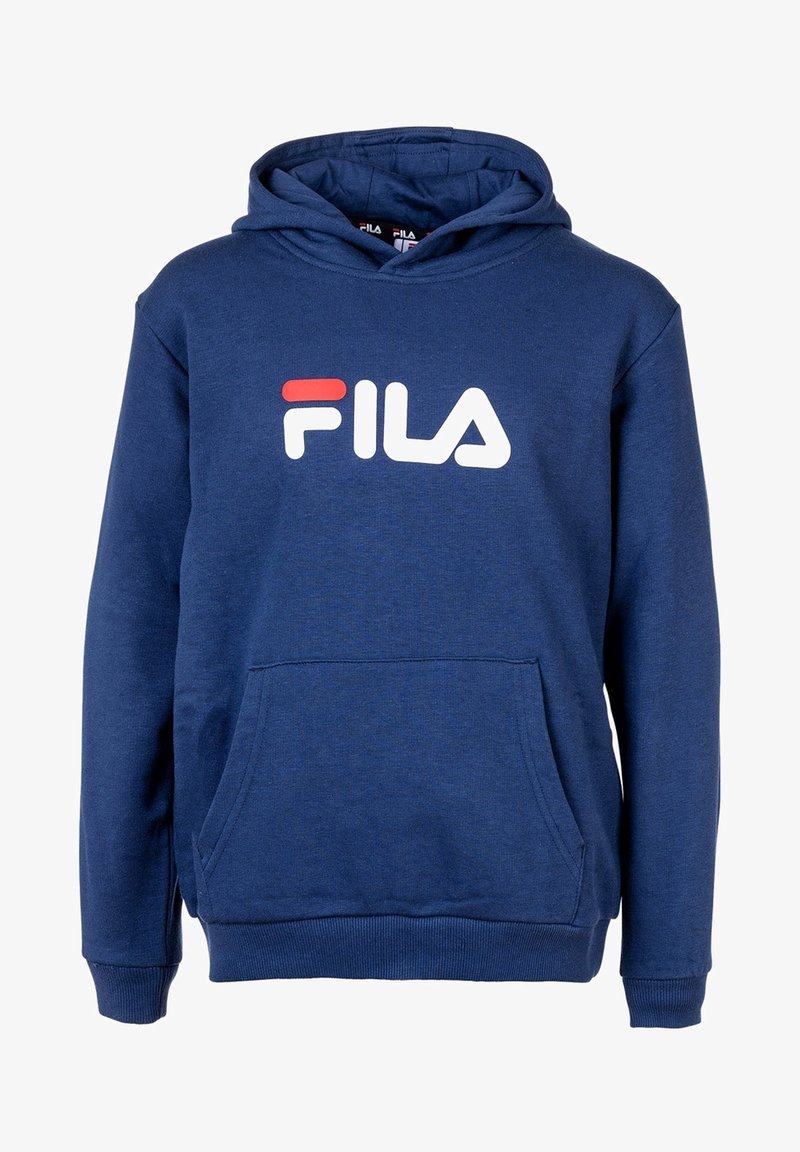 Sweat à capuche en polaire bleu marine avec poche kangourou, poignets côtelés et logo FILA blanc rehaussé d'une bande rouge à l'avant.