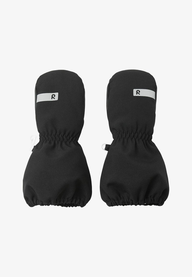 Schwarze Fäustlinge aus weichem Stoff; elastische Bündchen für eine eng anliegende Passform; mit kleinem reflektierendem Logo an der Seite zur besseren Sichtbarkeit.