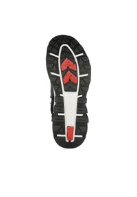 Semelle extérieure en caoutchouc noir avec des crampons robustes ; présente des accents rouges et une bande centrale blanche. Conception durable pour l'adhérence et la stabilité.