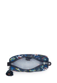 Astuccio con un esterno in tessuto blu navy caratterizzato da motivi colorati di robot e spazio, chiusura con zip e un pompon blu come tirazip.