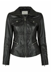 Schwarze Lederjacke mit Reißverschluss vorne, großem Kragen und zwei Brusttaschen. Verfügt über dekorative Nähte und eine taillierte Passform.