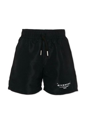 Shorts con vita elasticizzata nera e coulisse, con logo Givenchy bianco e indirizzo stampati sulla parte inferiore della gamba sinistra.