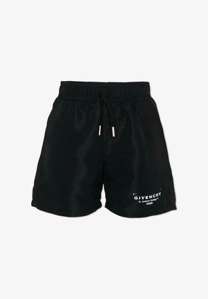 Czarne szorty z elastycznym pasem i sznurkiem, z białym logo Givenchy oraz adresem nadrukowanymi na dolnej lewej nogawce.