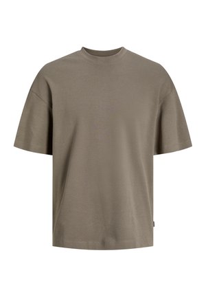 Βαμβακερή μπλούζα σε μουτζερέ λαδένιο χρώμα; διαθέτει στρογγυλή λαιμόκοψη, κοντά μανίκια και χαλαρή εφαρμογή με ελάχιστες ραφές.