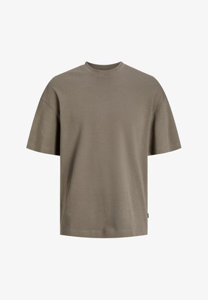 Pamuk majica u prigušenoj maslinastoj zelenoj boji; ima okrugli izrez, kratke rukave i opušten kroj s minimalnim detaljima šivanja.