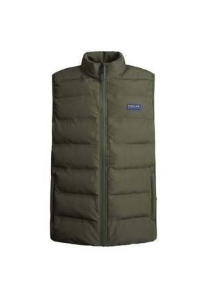 Olijfgroen gewatteerd vest met een hoge kraag, volledige rits aan de voorkant en logo op de linkerborst. Gladde stof met lichte isolatie.