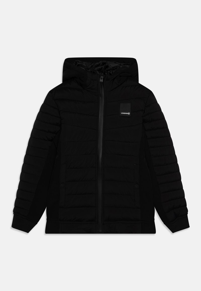 Veste noire matelassée à capuche avec fermeture éclair à l'avant, deux poches latérales et petite étiquette logo de la marque sur la poitrine gauche.