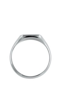 Silver ring with a smooth, rounded band and a flat top. The design is minimalist, featuring a polished, reflective surface and curved edges.