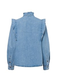 Helles blauer Jeansjacke mit einem frillierten Kragen, gepufften Schultern und knöpfbaren Manschetten. Der Stoff wirkt weich mit einer glatten Textur.