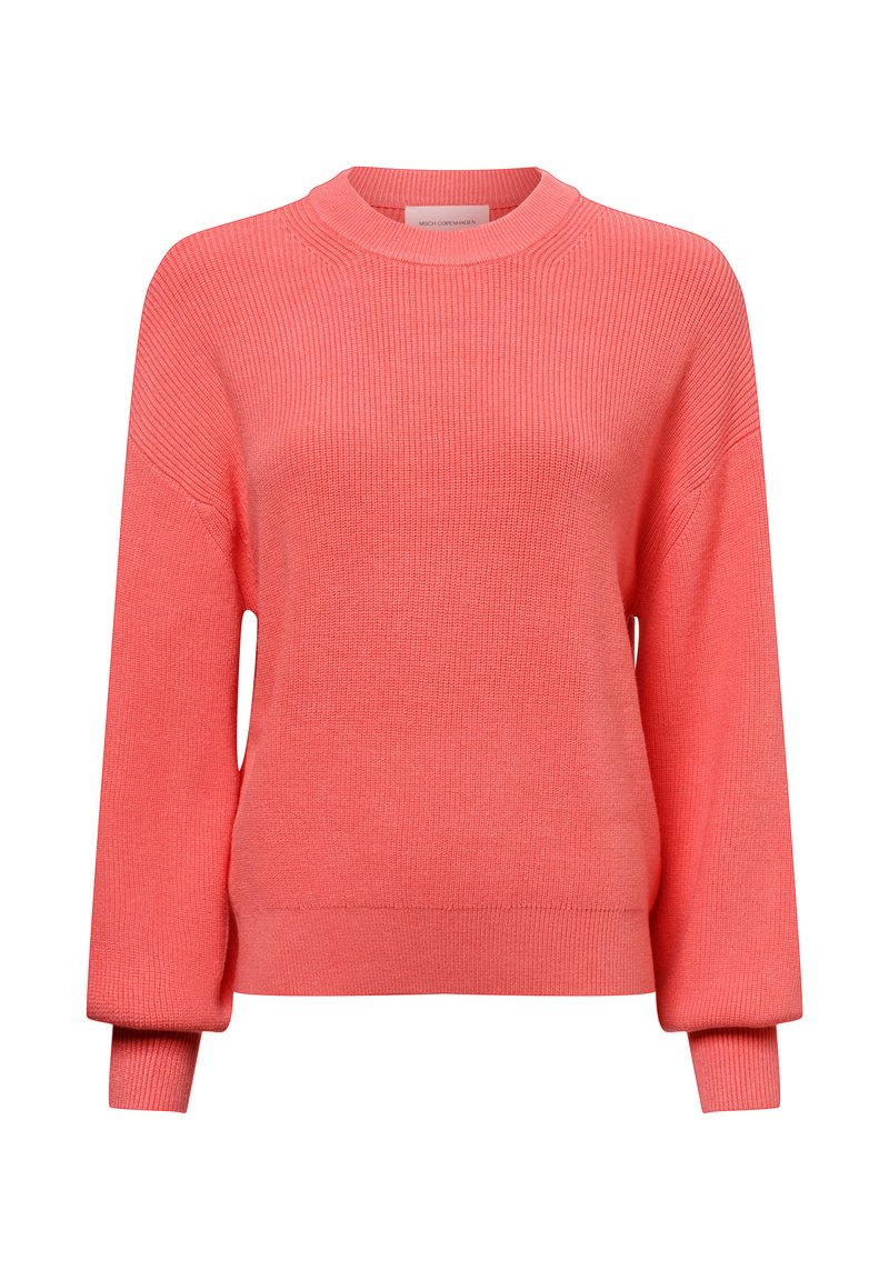 Korallefarbenes Strickpullover mit gerippter Textur, rundem Halsausschnitt und langen Ärmeln mit eng anliegenden Bündchen. Leicht und in lockerer Passform.