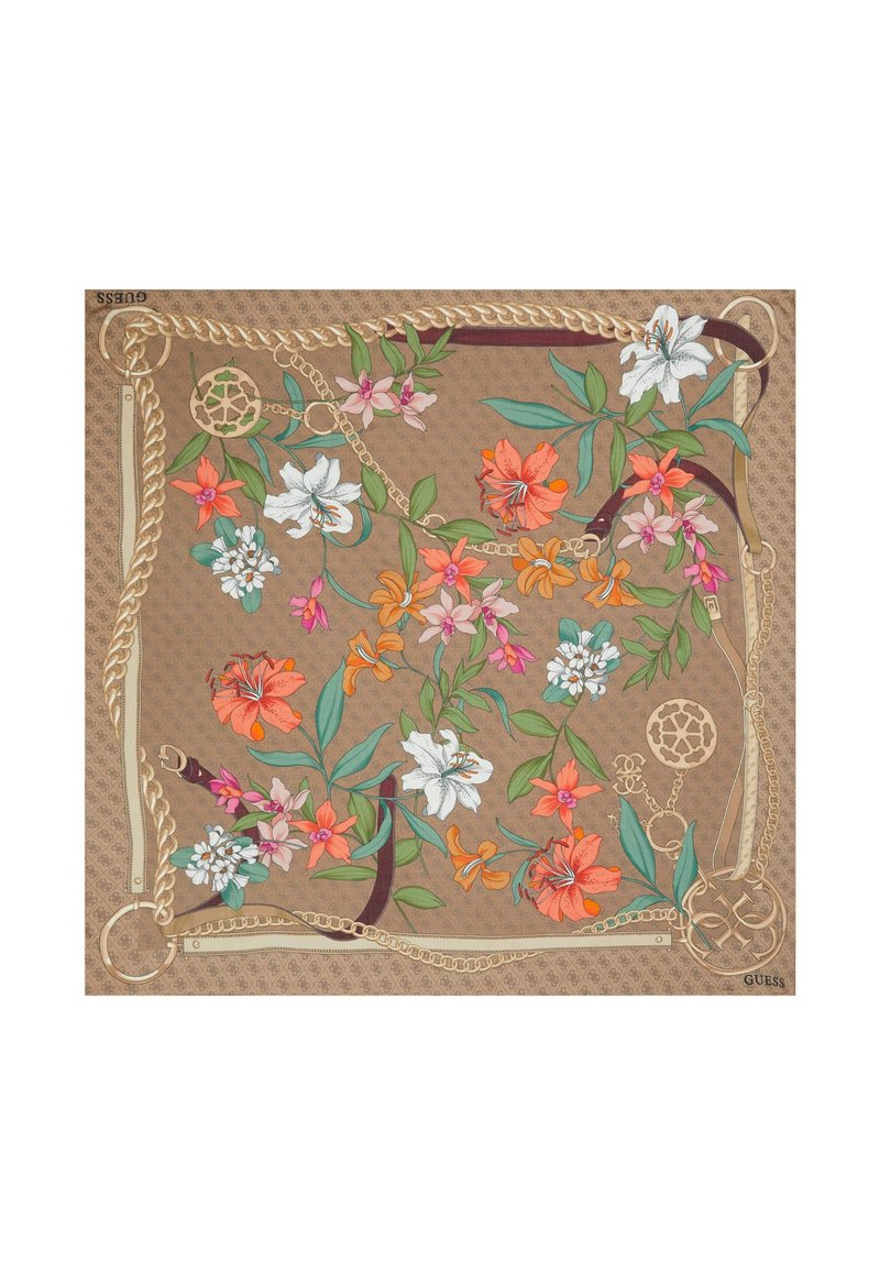 Sciarpa di seta stampata con vivaci disegni floreali in arancione, rosa e bianco su uno sfondo marrone, accentuata da dettagli in catena dorata.