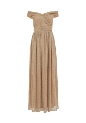 Robe de soirée dorée à épaules dénudées avec corsage froncé, taille cintrée et longue jupe plissée fluide.