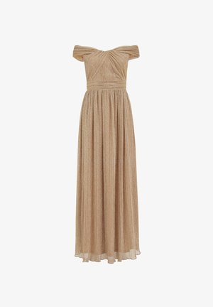 Gold off-shoulder evening gown with ruched bodice, fitted waist, and long flowing pleated skirt.